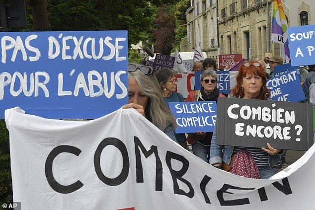 People demonstrated with posters reading "No excuse for abuses", left, and "How many more?", right, ahead of the verdict in the trial of Joel Le Scouarnec