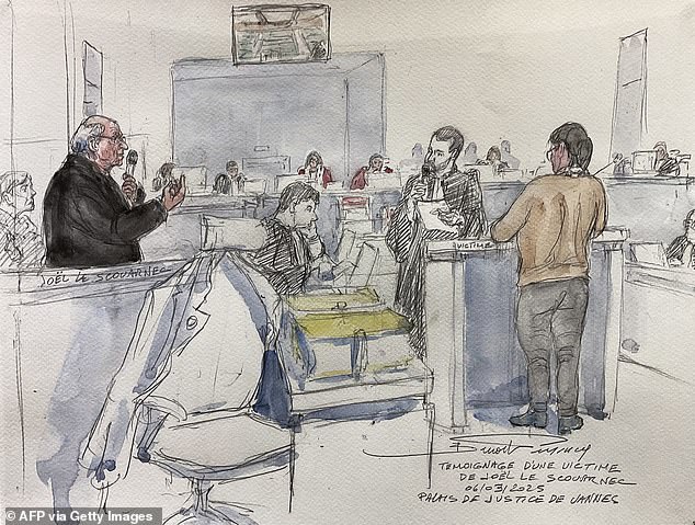 This court sketch shows a 43-year-old woman telling the court that Le Scouarnec had destroyed her life after he repeatedly raped her on a hospital bed when she was a child