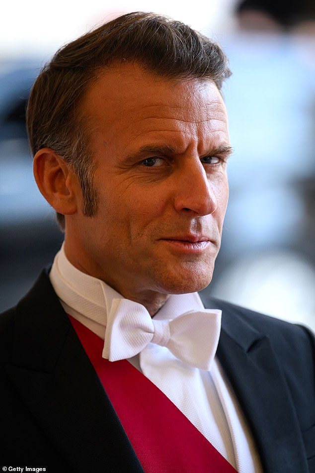 President Macron was dapper in a tuxedo as he attended the banquet at Guildhall, in London, on Wednesday