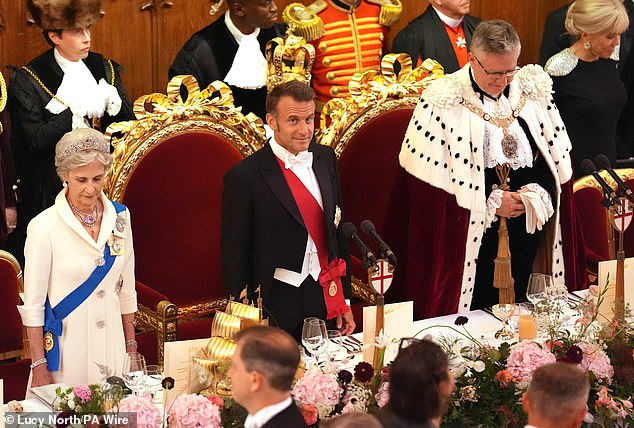 Prince Richard, 80, looked sophisticated in a white tie ensemble, while his wife, the Duchess (left), 79, opted for an ivory frock adorned with a tiara and jewellery