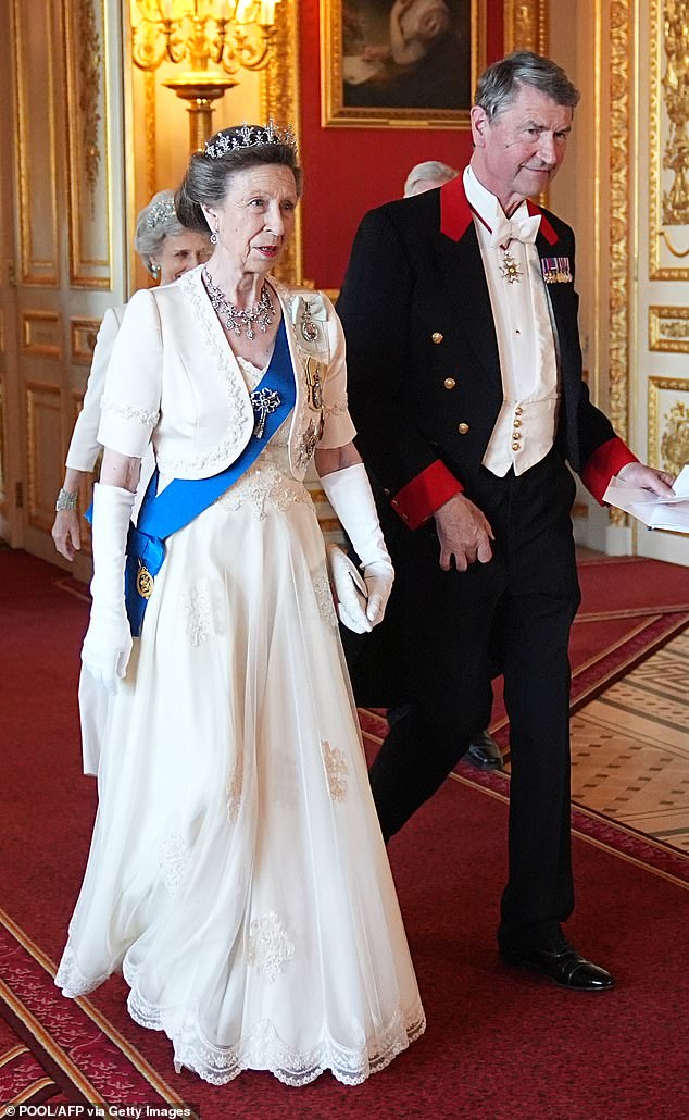 The Princess Royal was the image of elegance in her flowing gown as she joined Timothy Laurence
