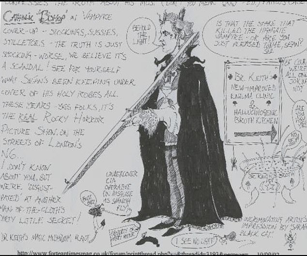 Barclay was a keen amateur artist who drew cartoons satirising the rivalry between Farrant and self-proclaimed exorcist Sean Manchester (pictured is one of his cartoons)