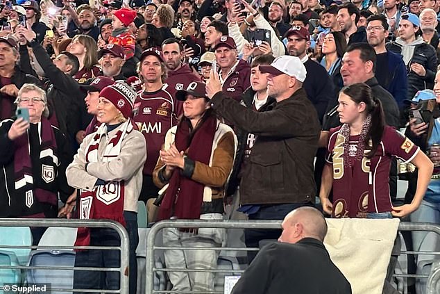 Pictured: Zara and Mike Tindall taking in the action with Billy Slater's wife Nicole (pictured between the couple) during the Maroons' emotional victory on Wednesday night