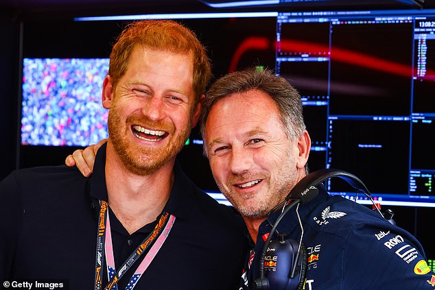 Christian Horner embraces Prince Harry at the US Grand Prix in Austin, Texas, in 2023