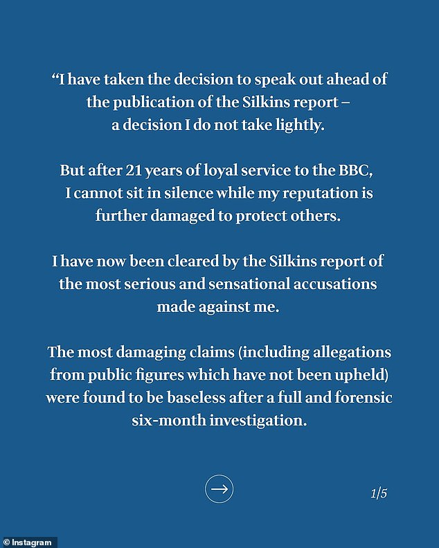 Writing on Instagram, Gregg said he had taken the decision to go public before the Silkins report was published as 'he cannot sit in silence while my reputation is further damaged'
