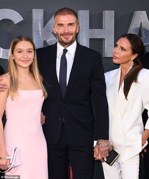 Harper, David and Victoria Beckham attend the Netflix Beckham UK Premiere at The Curzon Mayfair in October 2023