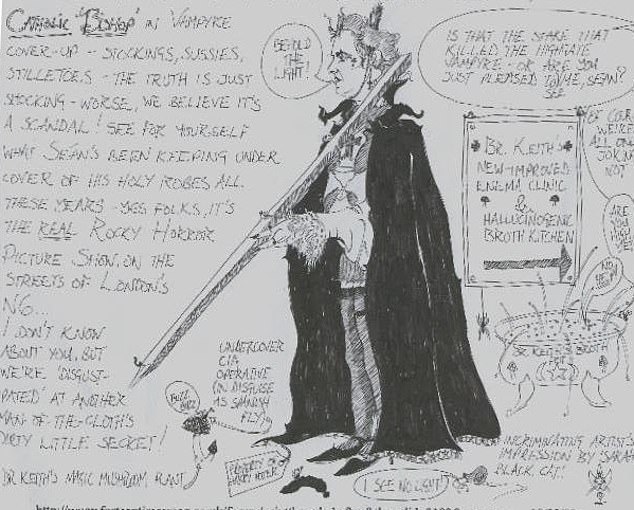 Barclay was a keen amateur artist who drew cartoons satirising the rivalry between Farrant and self-proclaimed exorcist Sean Manchester (pictured is one of his cartoons)
