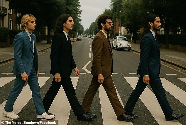 The Velvet Sundown mimics the classic 1969 shot of The Beatles walking across the zebra crossing at Abbey Road - complete with the VW Beetle in the background