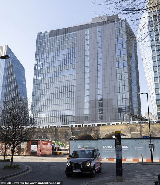 A close-up image of the newer office block, which is part of the Bankside Yards development