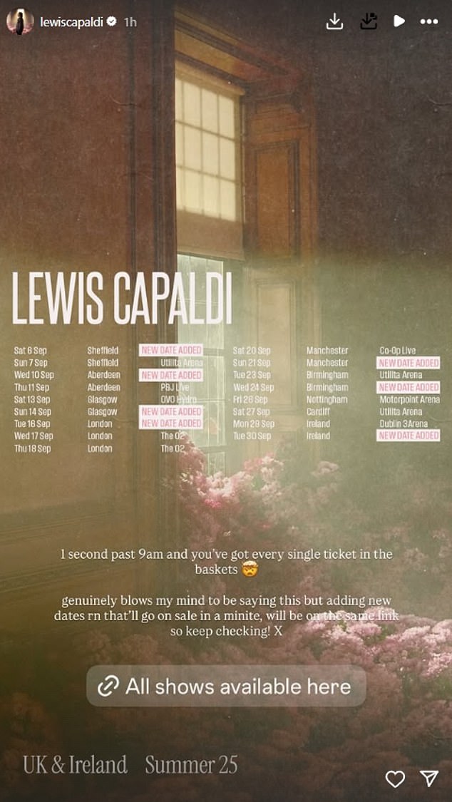 His dedicated fans had every single ticket in their baskets by one second past 9am, Lewis revealed, so the star added extra dates