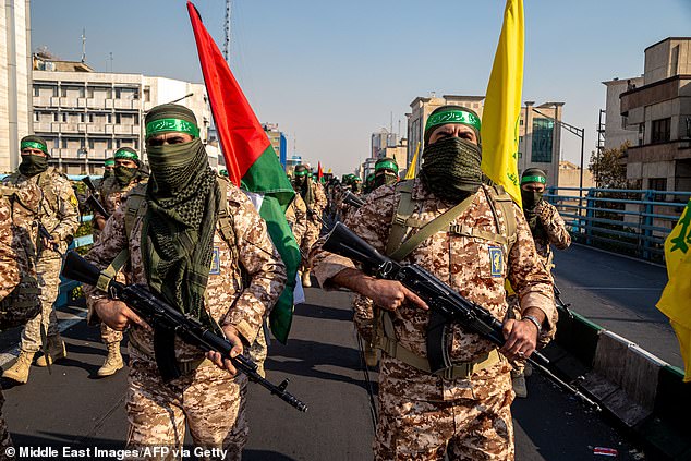 Islamic Revolutionary Guard Corps (IRGC) military personnel participating in the Ela Beit Al-Moghaddas (Al-Aqsa Mosque) military rally in Tehran