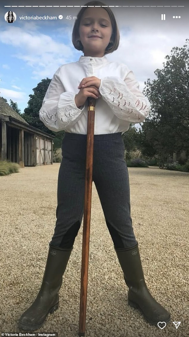 She also shared a sweet snap of Harper posing in wellies with a cane