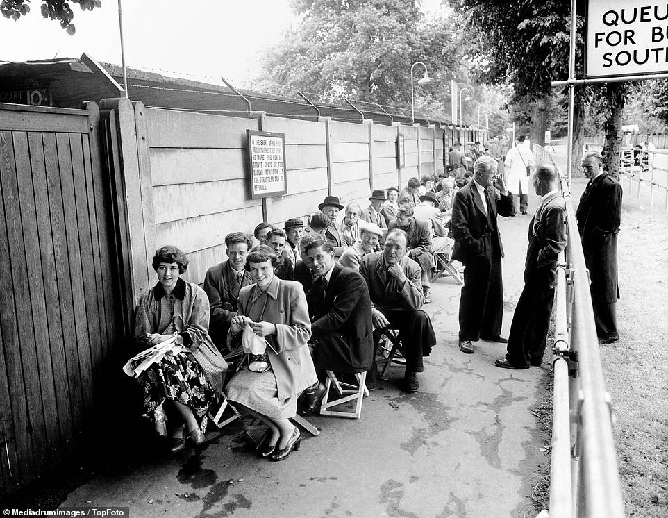 Tennis fans queuing outside the gates of the All England Club, June 1955