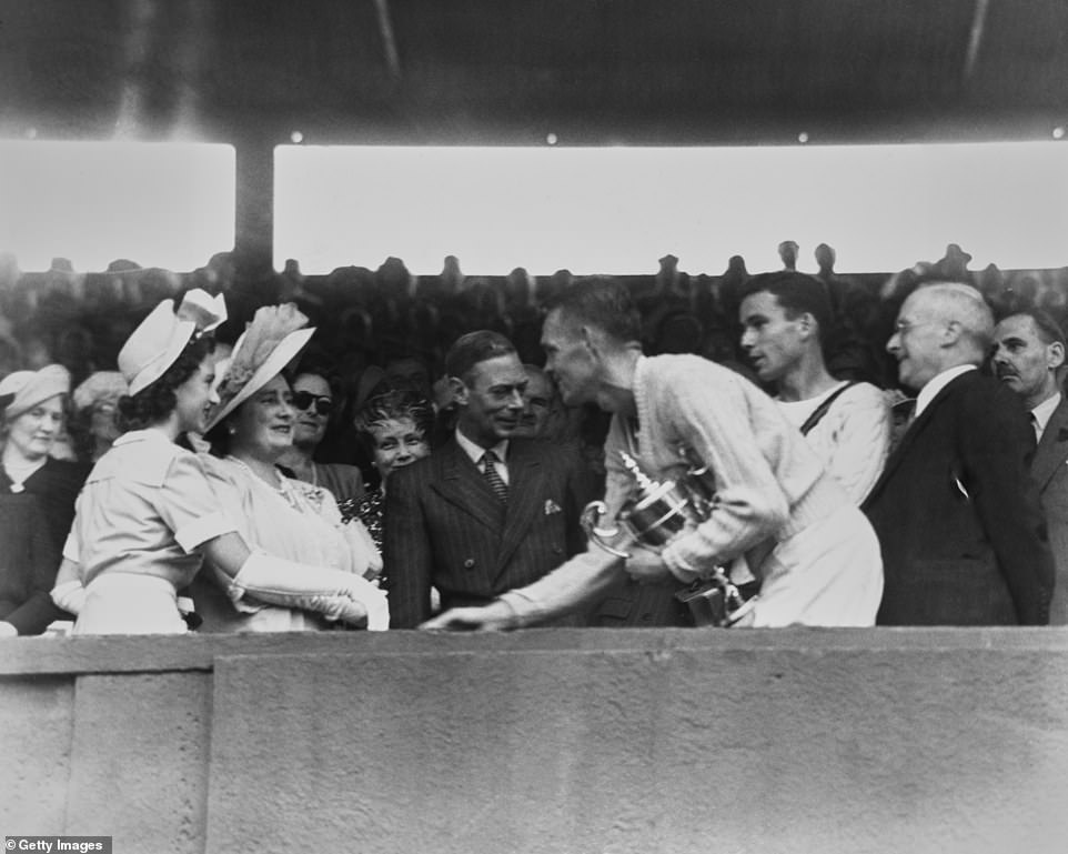 American champion Jack Kramer (centre) is seen greeting Princess Margaret, the Queen Mother and King George VI after being presented with the winner's trophy in 1947. George competed as a player at the 1926 championships