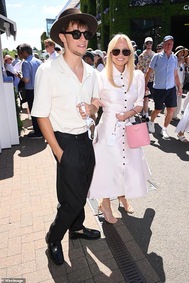Spice Girl Emma Bunton arrived in a glamorous white dress alongside her dapper son Beau, 17, who sported an off-white polo