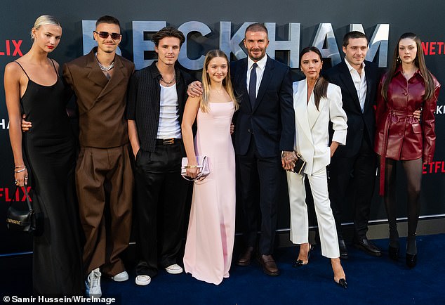 Sources close to the Beckhams have described the family’s sadness at the growing estrangement with Brooklyn since he married Nicola. Pictured: The couple join the Beckham family for the premiere of their Netflix docuseries, Beckham