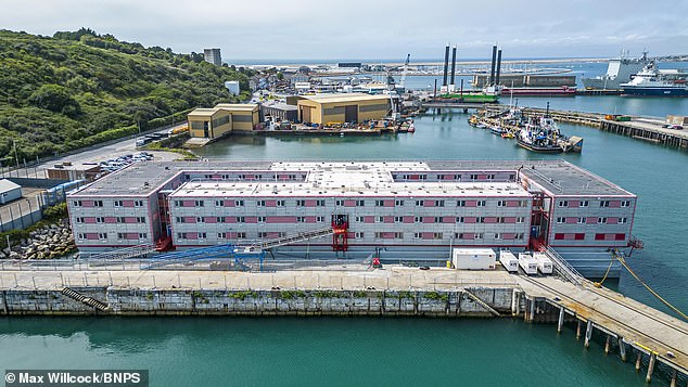 The accommodation barge Bibby Stockholm (pictured) arrived in Portland Port in July 2023