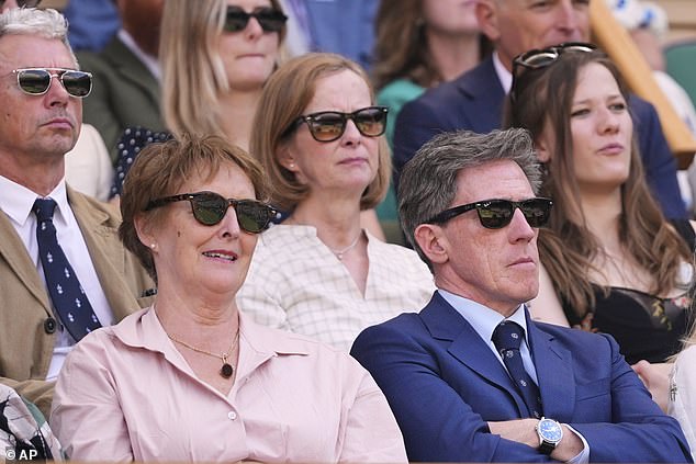 Pictured: Fiona Shaw and comedian Rob Brydon sit in the Royal Box to watch Aryna Sabalenka of Belarus and Amanda Anisimova