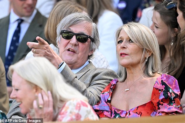 Stephen Fry and his sister Jo Crocker joined the VIPs in the Royal Box at Wimbledon on Thursday