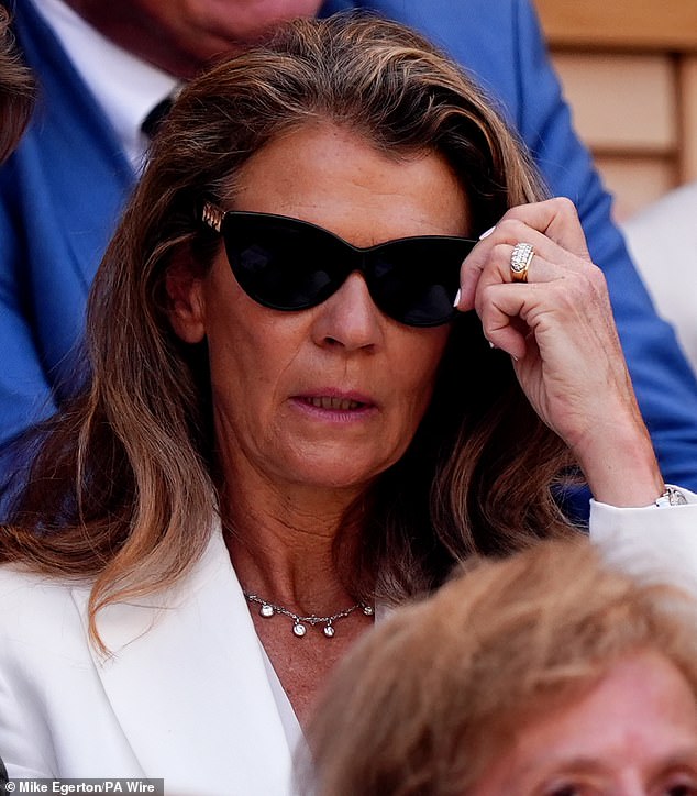 Pictured: Annabel Croft in the Royal Box on day eleven of the 2025 Wimbledon Championships at the All England Lawn Tennis and Croquet Club