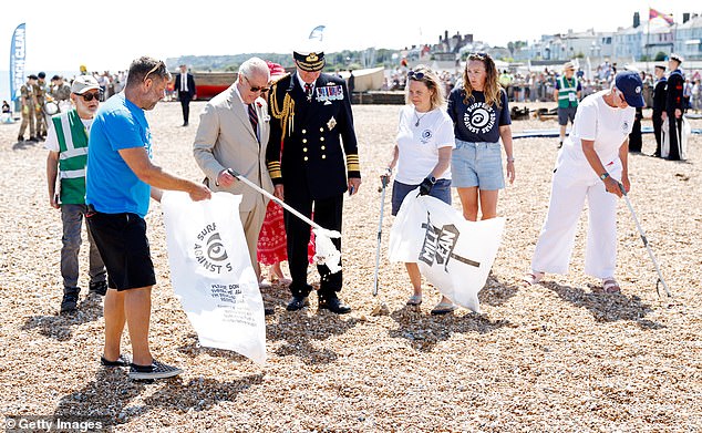 King Charles III participates in a coastal clean-up organised by Deal With It in Kent on July 10