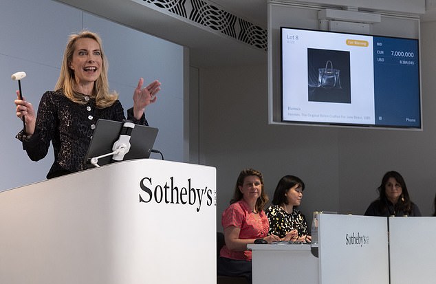 Pictured: Sotheby's auction featuring the original Birkin bag on Thursday