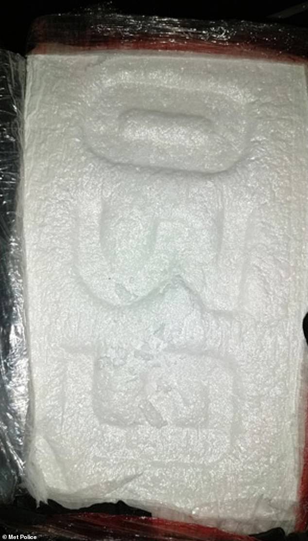 Pictured: an image of a block of cocaine, branded with the numbers 039, which Bushi sent to a fellow gang member. Bushi was yesterday sentenced to 24 years and 10 months in prison after Met detectives pieced together information from his EncroChat messages and CCTV footage