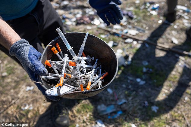 King County, which includes Seattle, has 16,000 homeless people - the largest number ever reported in the county and city (pictured: a bowl of used needles in Seattle)
