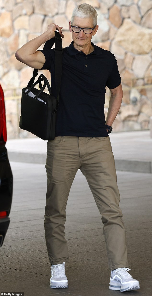 Apple CEO Tim Cook, 64, arrived at Sun Valley on July 8 sporting large white Nike sneakers
