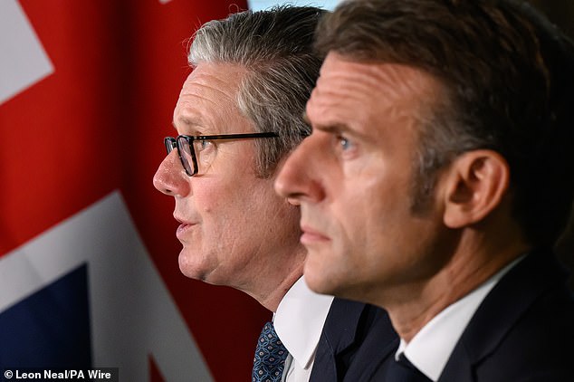 During the launch at Northwood military headquarters, Mr Macron (pictured with Starmer) said coastal countries such as Spain and Greece would 'need to agree' to take migrants returned from the UK from France if they originally entered the continent via such a route