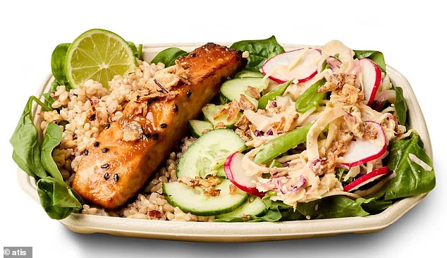 One of the most costly items on Atis' menu is the Miso Salmon Slaw power bowl, priced at £14 (pictured)