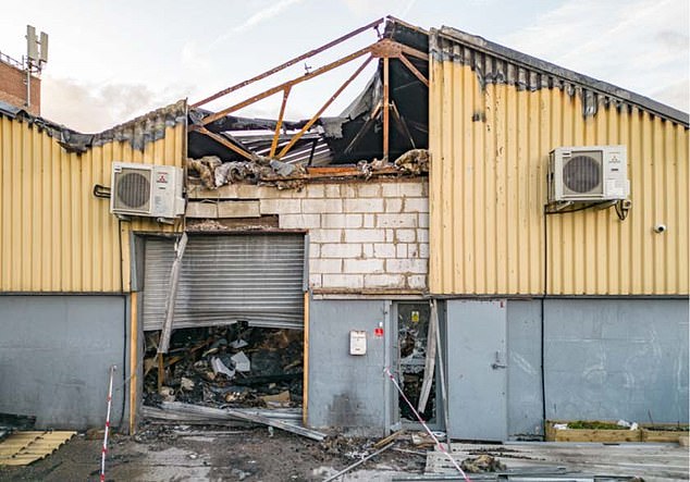 Pictured is the aftermath of the blaze that ripped through the warehouse in Leyton
