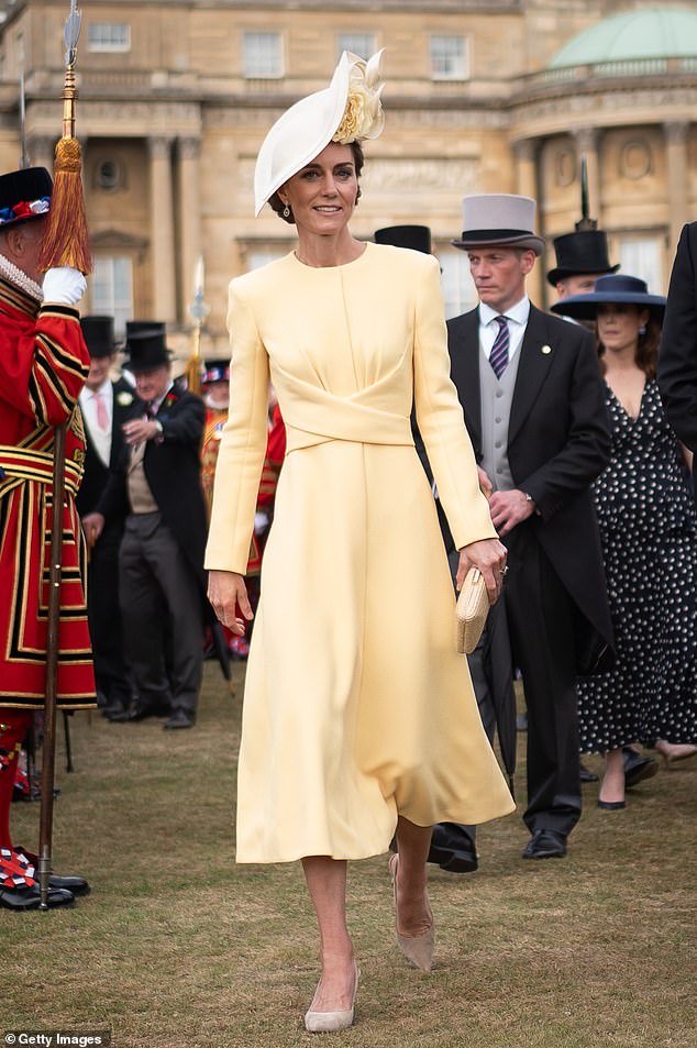 In May, the princess wore a spring yellow dress by Emilia Wickstead and a hat by Philip Treacy at her first Buckingham Palace Garden Party since her cancer diagnosis