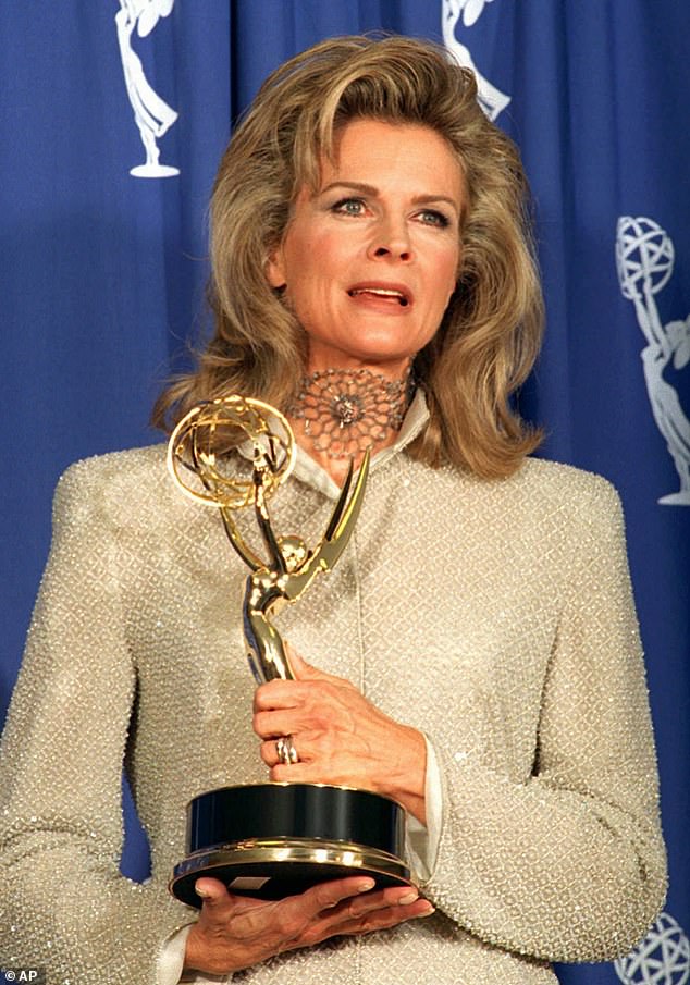 Beginning in 1988, Bergen portrayed the titular character in the series Murphy Brown which also earned the actress five Emmys and two Golden Globe Awards; seen with an Emmy win in 1995