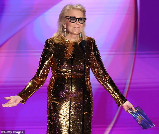 She is Candice Bergen . The Hollywood veteran completed the look for the day by slipping into a pair of comfy sneakers and sported fashionable shades. Bergen's blonde locks were parted to the side and flowed down past her shoulders in light waves. Seen in 2024