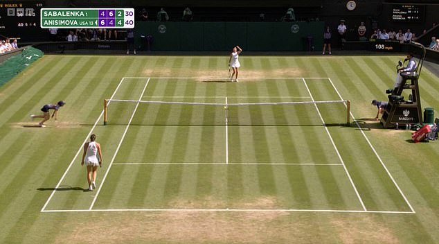 But Anisimova, top, celebrated after winning the point, leaving Sabalenka, bottom, unamused