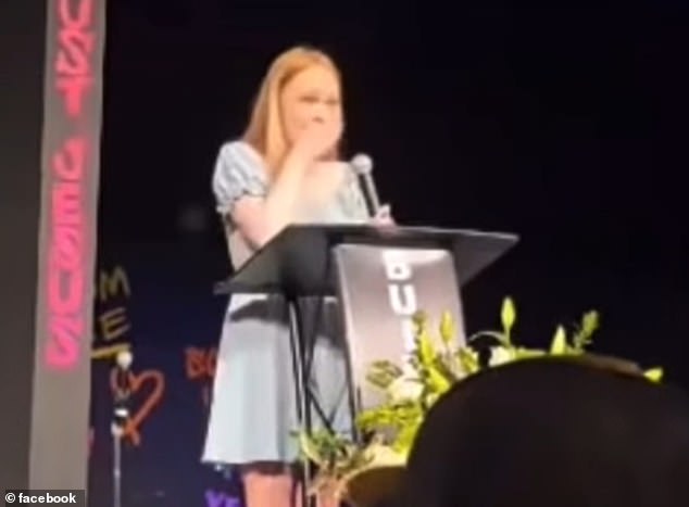 Footage of the funeral service shows Patrick wiping tears from her face as she memorialized her mom and step dad at the pulpit of at Catalyst church in Carrollton, where the Brocks had been worshippers