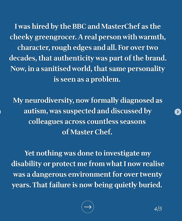 Gregg's statement claimed that he should have been better protected while working at Masterchef