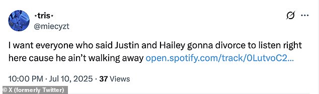One fan wrote on X, 'I want everyone who said Justin and Hailey gonna divorce to listen right here cause he ain't walking away'