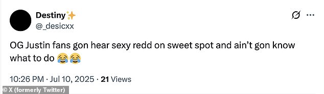 Another user joked, 'OG Justin fans gon hear sexy redd on sweet spot and ain't gon know what to do [sic]'