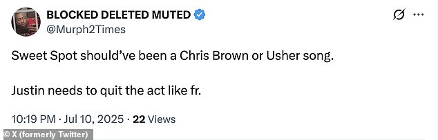One fan suggested that Justin couldn't pull off the steamy tone that the song called for. 'Sweet Spot should've been a Chris Brown or Usher song,' adding that, 'Justin needs to quit the act like fr.'