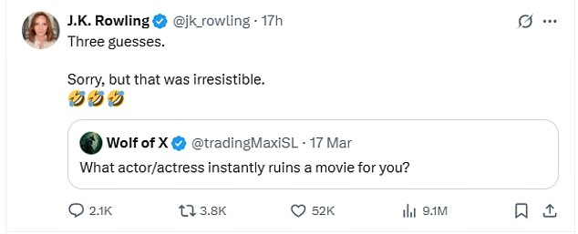 Many of Rowling's followers widely interpreted her riposte as a nod to the three child stars who played the lead roles in the successful franchise