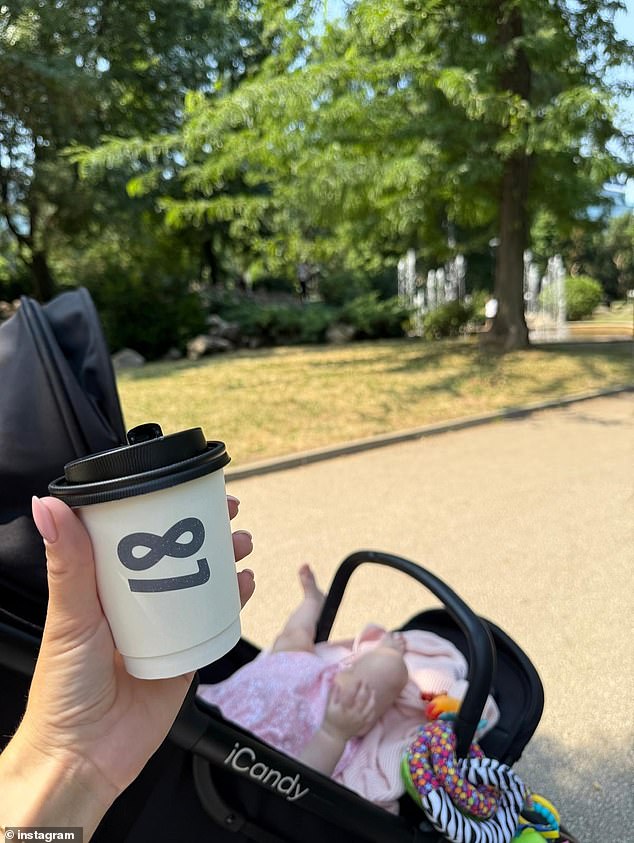 The mother-of-one also posted a picture of baby Palma in her pram as she sipped on a coffee during a walk