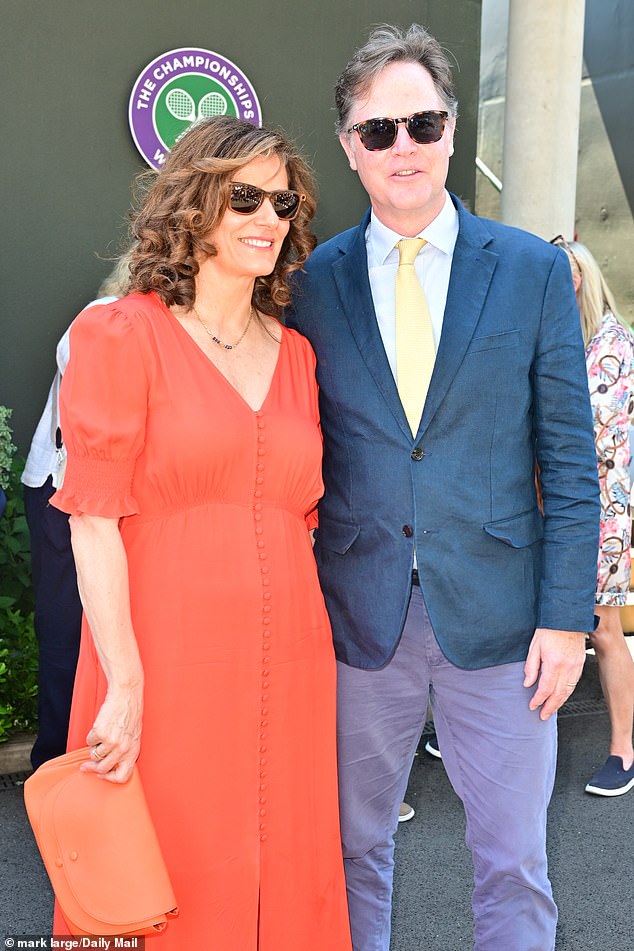 Sir Nick Clegg and his wife Lady Miriam Clegg appeared in great spirits as they posed together