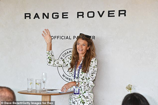 Annabel Croft looked stunning in a white dress adorned with a green leafy print
