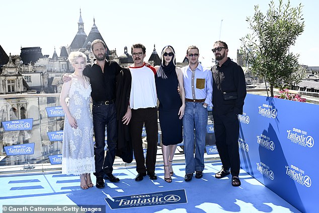 The Fantastic Four cast pictured L-R Julia, Ebon Moss-Bachrach, Pedro, Vanessa, Joseph Quinn and Ralph Ineson