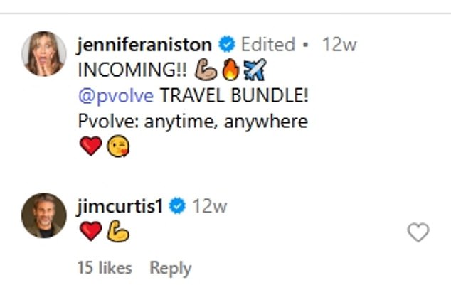 Back in April, Curtis hinted at romance between the pair as he commented a heart emoji on a video of Aniston flaunting her toned frame while working out