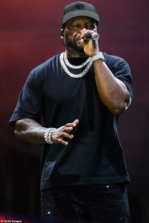 Also taking to the stage of Friday evening is headliner American rapper 50 Cent, who has performed a number of shows in the UK in recent weeks (pictured at the Tottenham Hotspur Stadium on July 3)