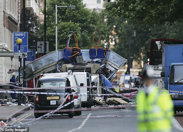 The rear of the bus that was destroyed by an explosion at Tavistock Square during a series of explosions which ripped through London's underground tube and bus network
