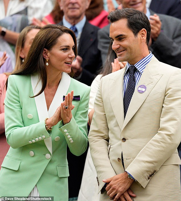 Former Wimbledon legend Roger Federer bonds with Princess Kate in the Royal Box in 2023